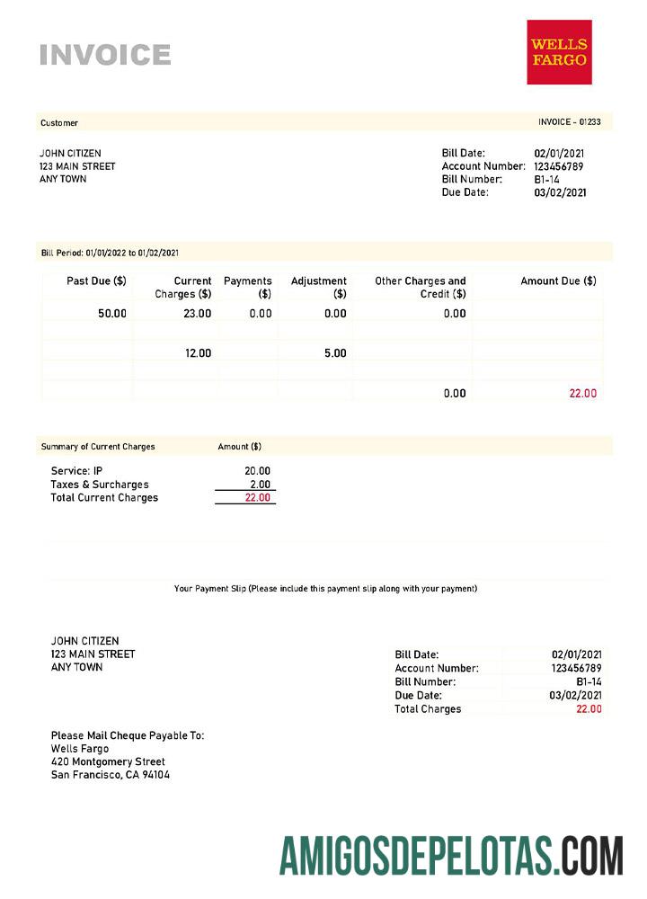 realista Modelo de fatura do Wells Fargo dos EUA